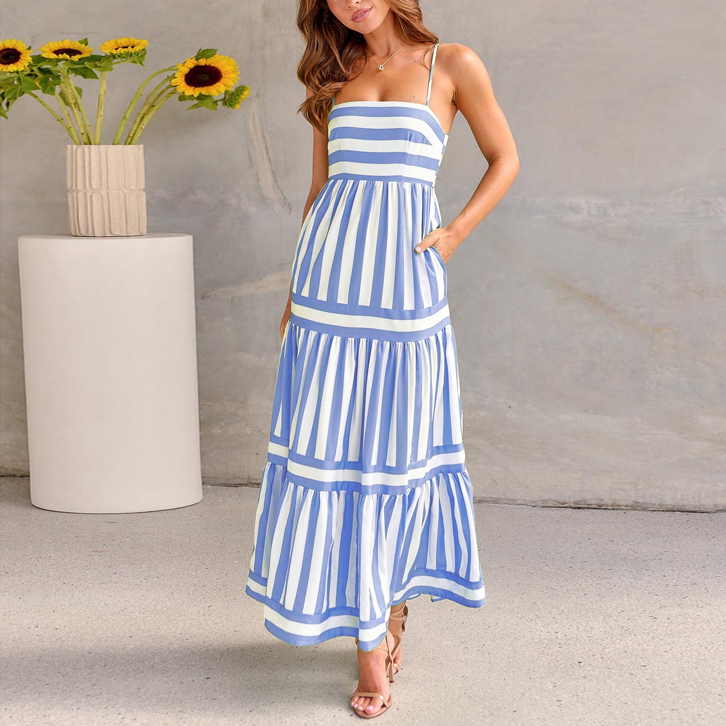 Women's Striped Maxi Dress with Pockets